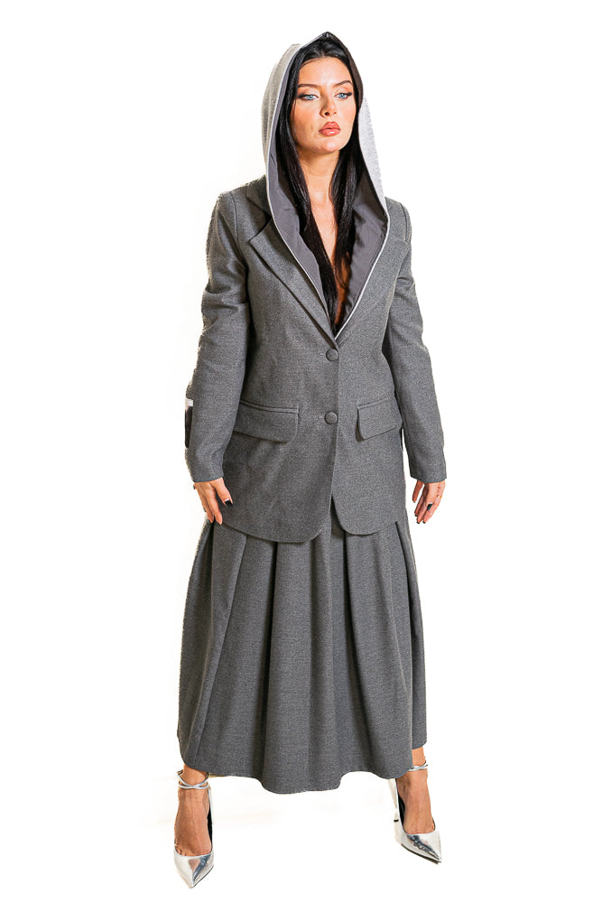 Grey Two-Piece Set of Blazer with Midi Skirt by The Embroidered Corner