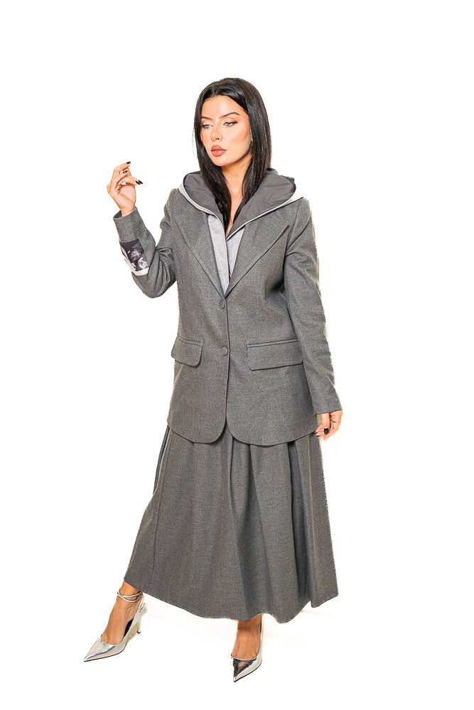 Grey Two-Piece Set of Blazer with Midi Skirt by The Embroidered Corner