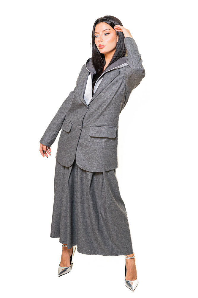 Grey Two-Piece Set of Blazer with Midi Skirt by The Embroidered Corner