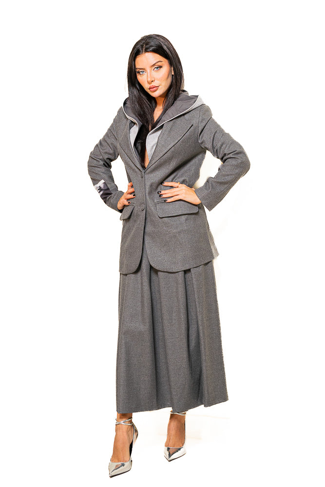 Grey Two-Piece Set of Blazer with Midi Skirt by The Embroidered Corner