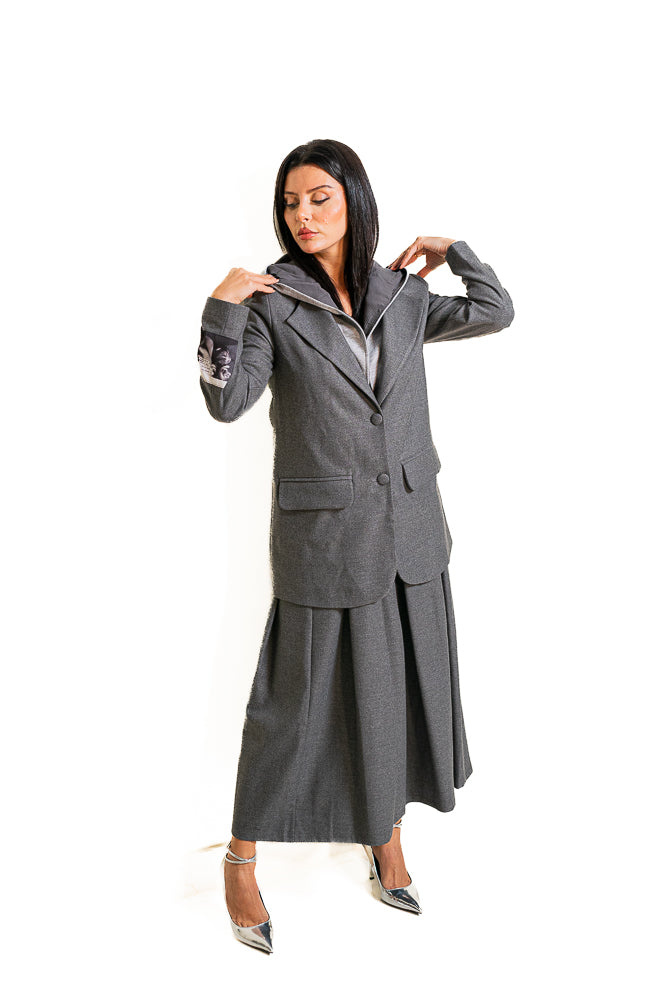 Grey Two-Piece Set of Blazer with Midi Skirt by The Embroidered Corner