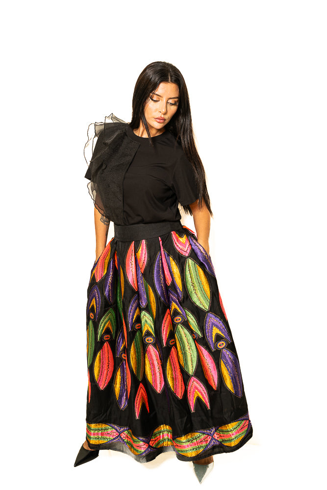 Black Two-Piece Set of Ruffled Shirt and Colorful Skirt by The Embroidered Corner