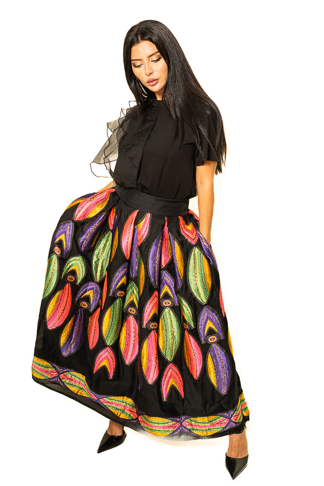 Black Two-Piece Set of Ruffled Shirt and Colorful Skirt by The Embroidered Corner