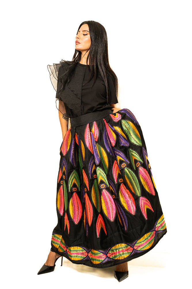 Black Two-Piece Set of Ruffled Shirt and Colorful Skirt by The Embroidered Corner