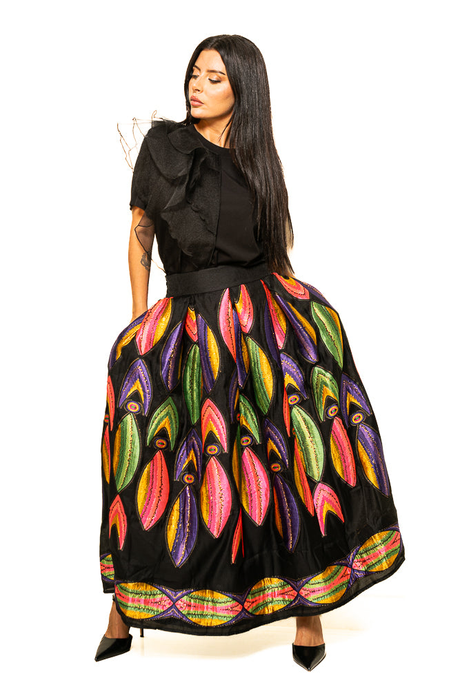 Black Two-Piece Set of Ruffled Shirt and Colorful Skirt by The Embroidered Corner