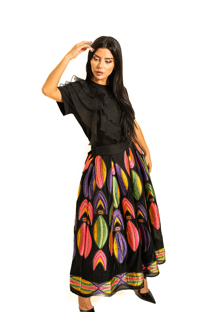 Black Two-Piece Set of Ruffled Shirt and Colorful Skirt by The Embroidered Corner