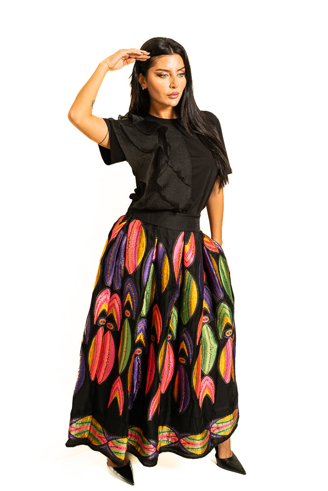 Black Two-Piece Set of Ruffled Shirt and Colorful Skirt by The Embroidered Corner