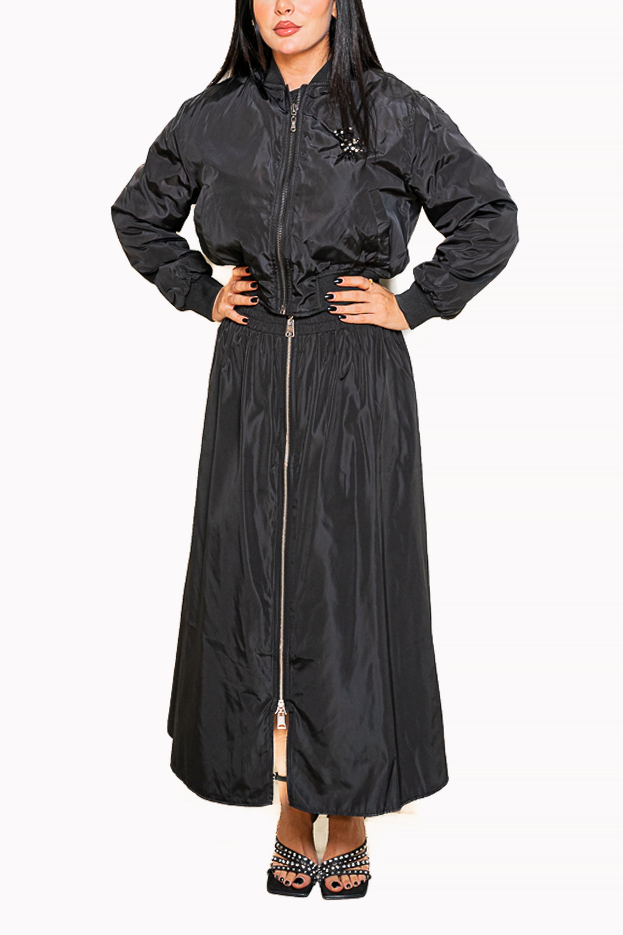 Black Two-Piece Set of Jacket and Maxi Skirt with Zipper by The Embroidered Corner