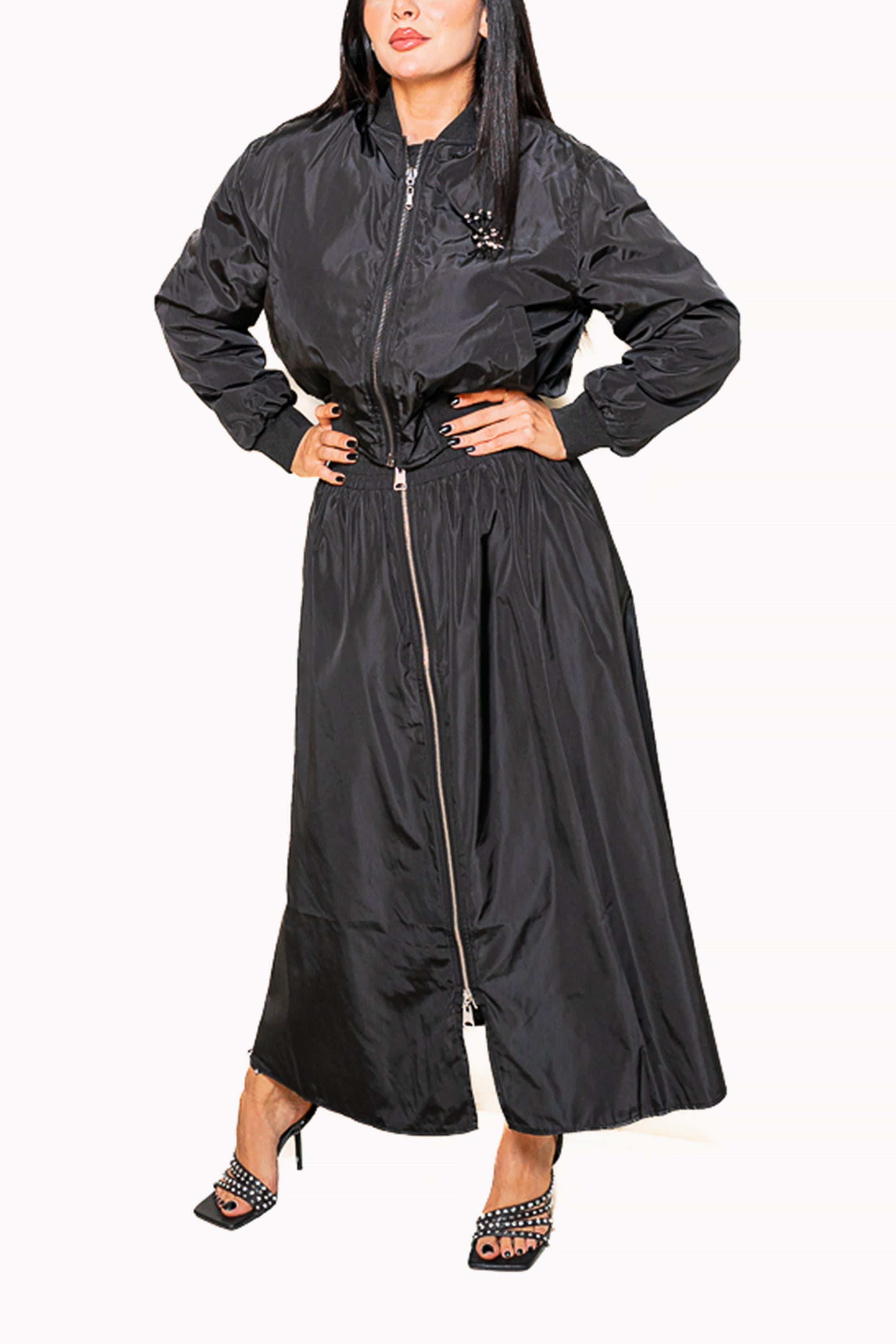 Black Two-Piece Set of Jacket and Maxi Skirt with Zipper by The Embroidered Corner