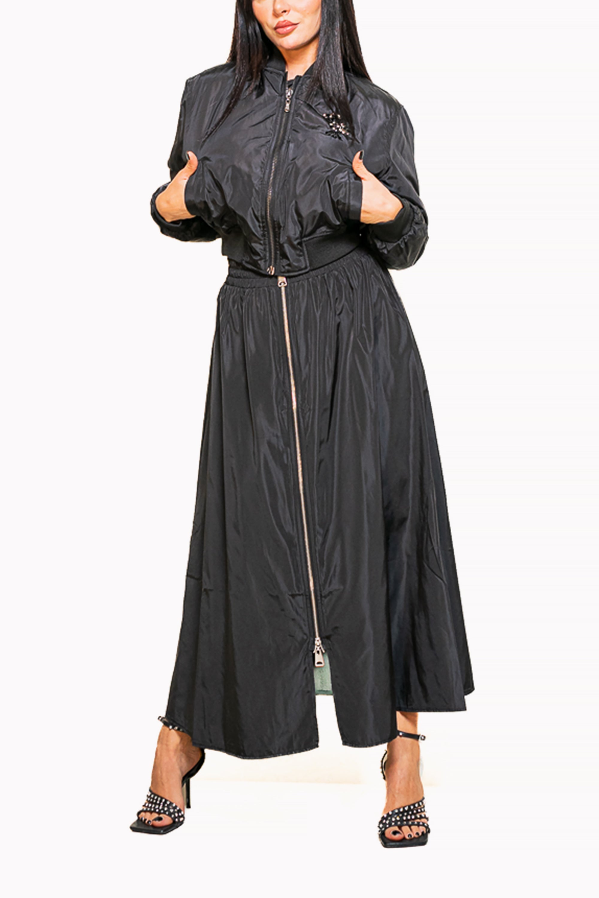 Black Two-Piece Set of Jacket and Maxi Skirt with Zipper by The Embroidered Corner