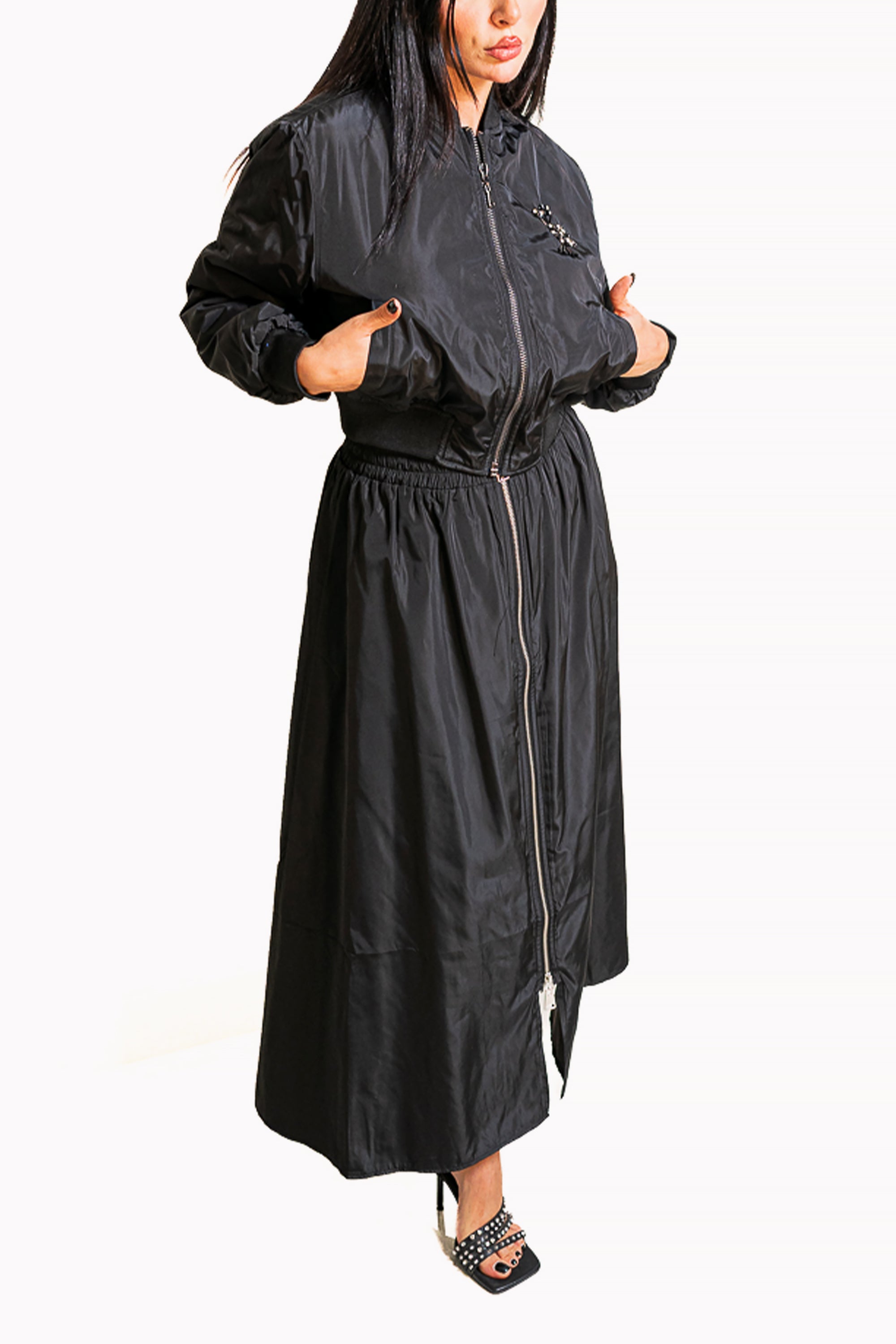 Black Two-Piece Set of Jacket and Maxi Skirt with Zipper by The Embroidered Corner