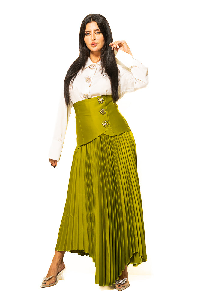 Green and White Blouse with Shiny Buttons and Pleated Skirt by The Embroidered Corner