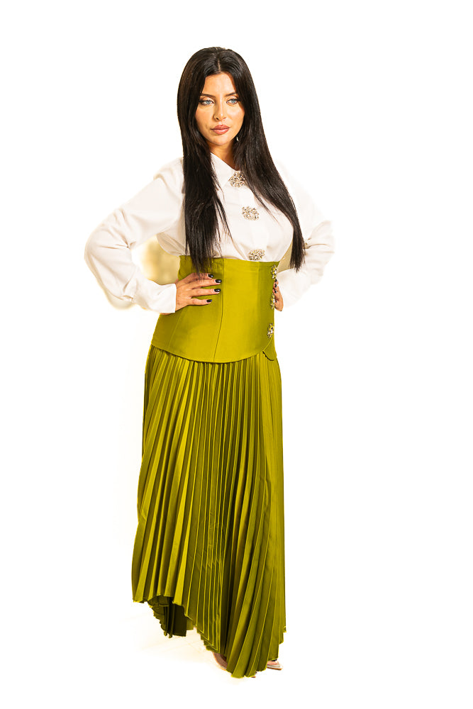 Green and White Blouse with Shiny Buttons and Pleated Skirt by The Embroidered Corner