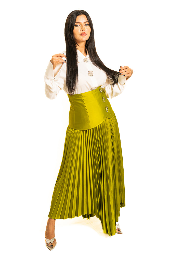 Green and White Blouse with Shiny Buttons and Pleated Skirt by The Embroidered Corner