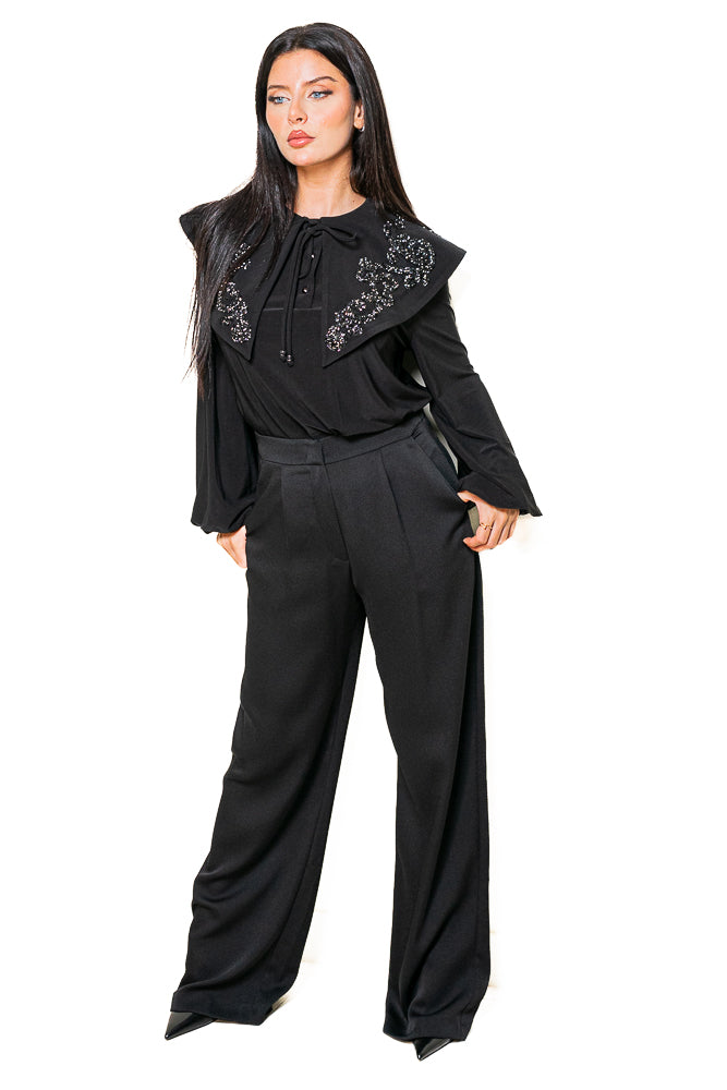 Black Two-Piece Set of Crystal Blouse and High-Waisted Pants by The Embroidered Corner