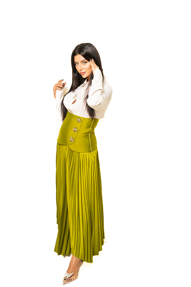 Green and White Blouse with Shiny Buttons and Pleated Skirt by The Embroidered Corner