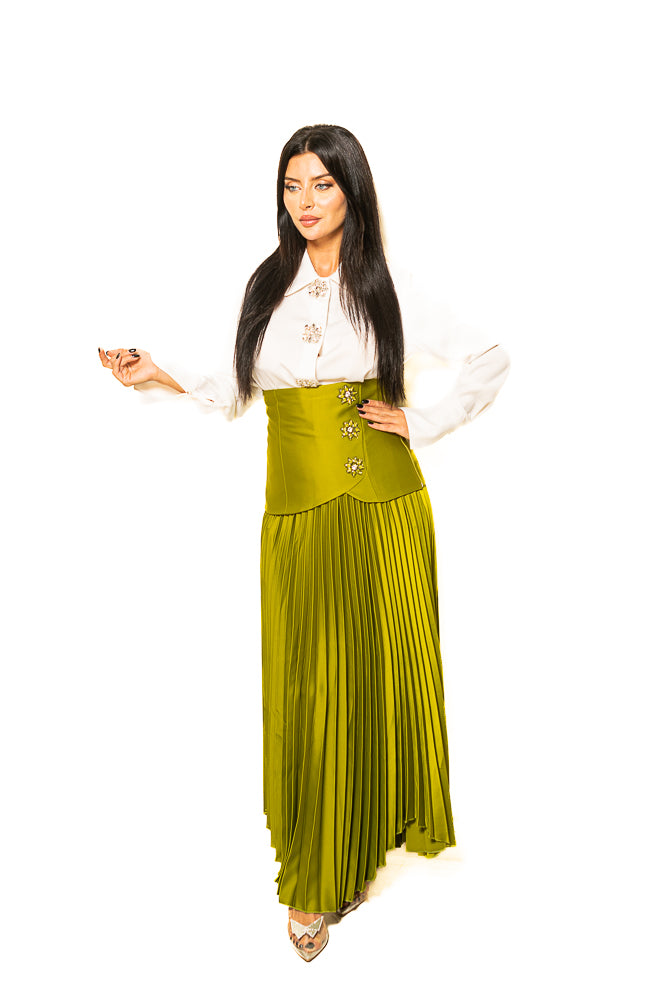 Green and White Blouse with Shiny Buttons and Pleated Skirt by The Embroidered Corner