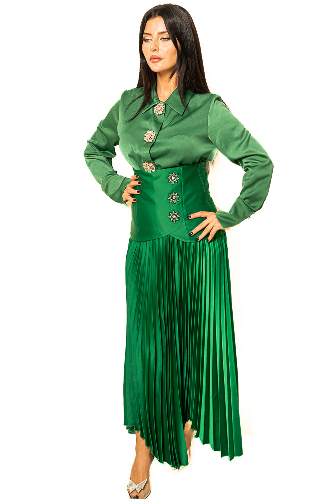 Green Blouse with Shiny Buttons and Pleated Skirt by The Embroidered Corner