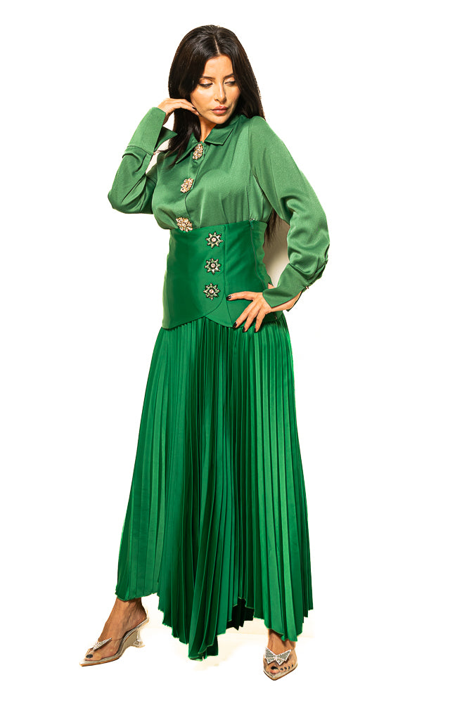 Green Blouse with Shiny Buttons and Pleated Skirt by The Embroidered Corner