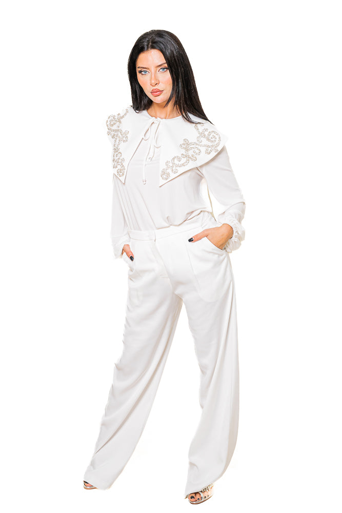 White Two-Piece Set of Crystal Blouse and High-Waisted Pants by The Embroidered Corner