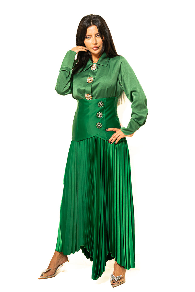 Green Blouse with Shiny Buttons and Pleated Skirt by The Embroidered Corner