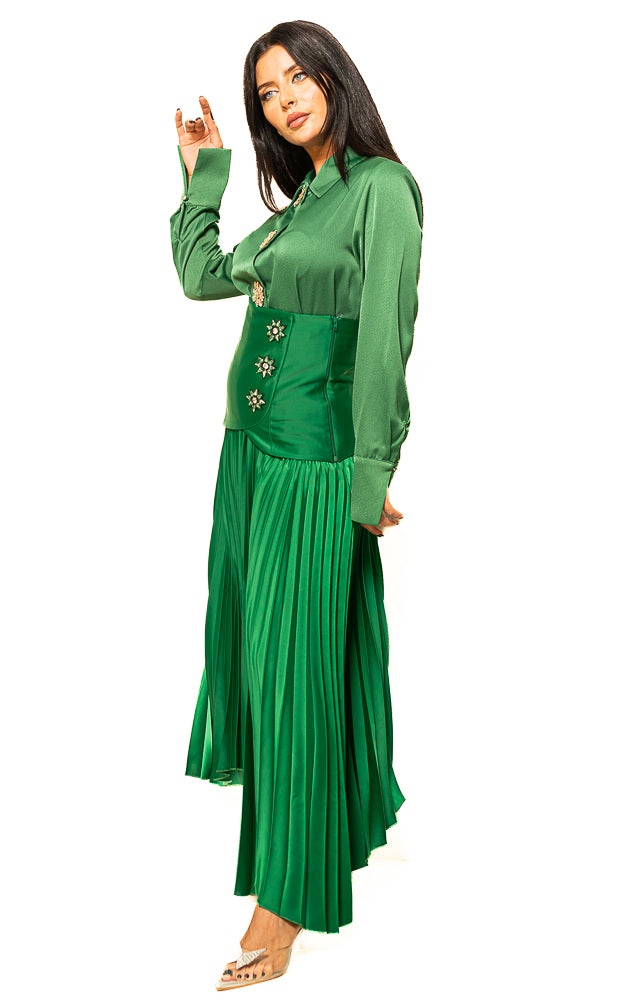 Green Blouse with Shiny Buttons and Pleated Skirt by The Embroidered Corner