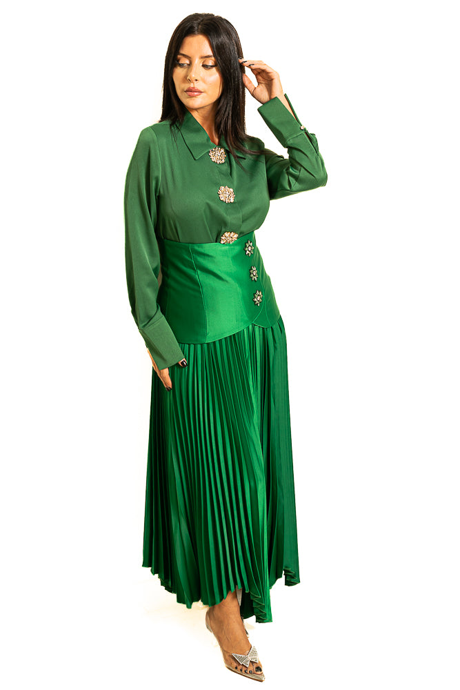 Green Blouse with Shiny Buttons and Pleated Skirt by The Embroidered Corner