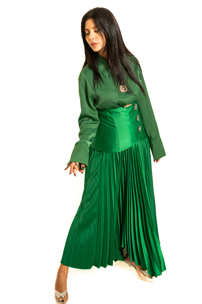 Green Blouse with Shiny Buttons and Pleated Skirt by The Embroidered Corner
