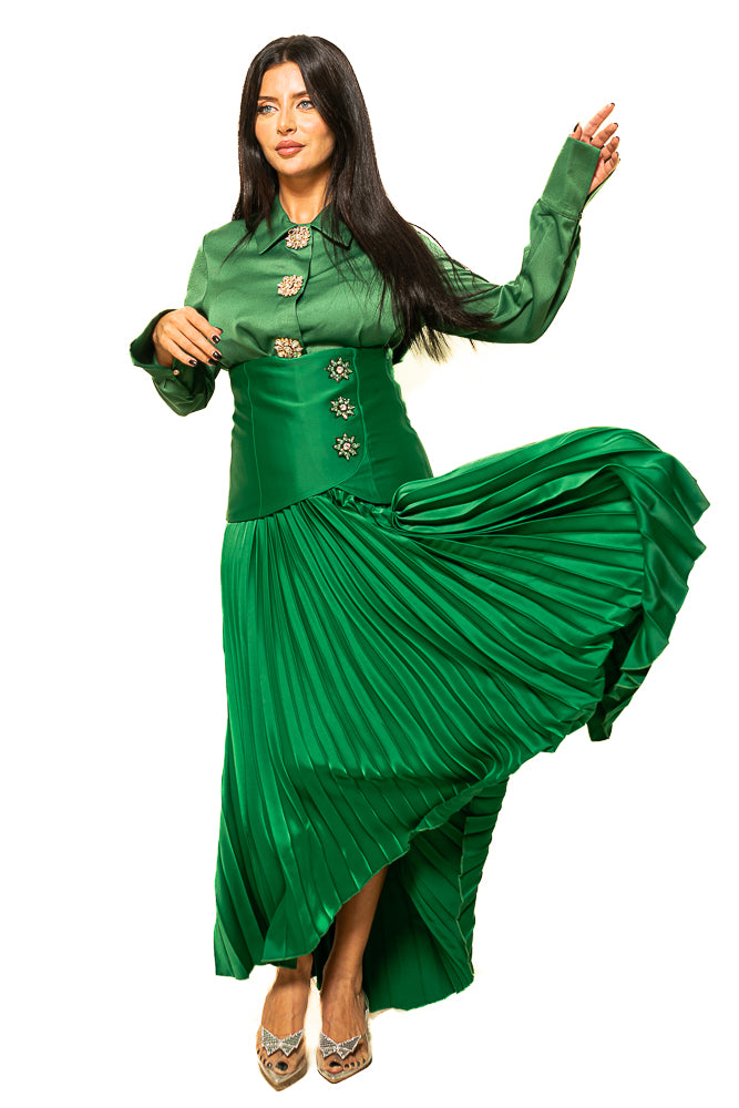Green Blouse with Shiny Buttons and Pleated Skirt by The Embroidered Corner