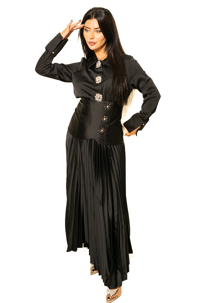 Black Blouse with Shiny Buttons and Pleated Skirt by The Embroidered Corner