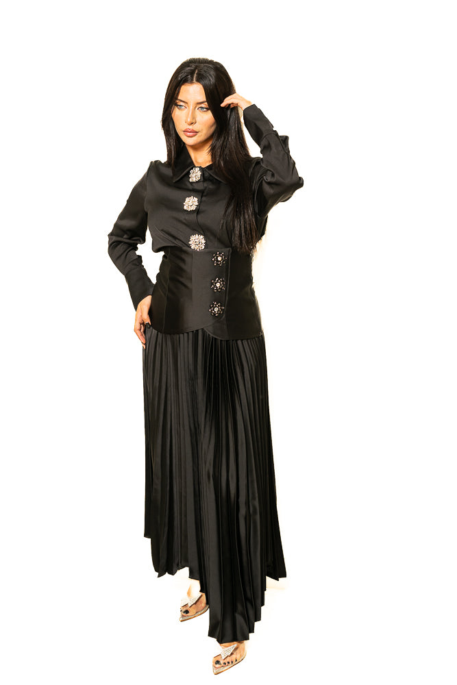 Black Blouse with Shiny Buttons and Pleated Skirt by The Embroidered Corner