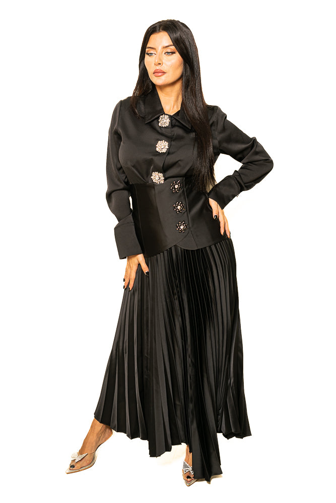 Black Blouse with Shiny Buttons and Pleated Skirt by The Embroidered Corner