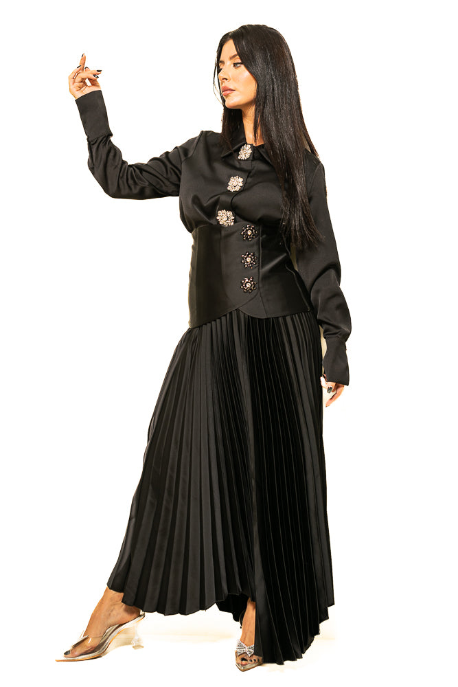 Black Blouse with Shiny Buttons and Pleated Skirt by The Embroidered Corner