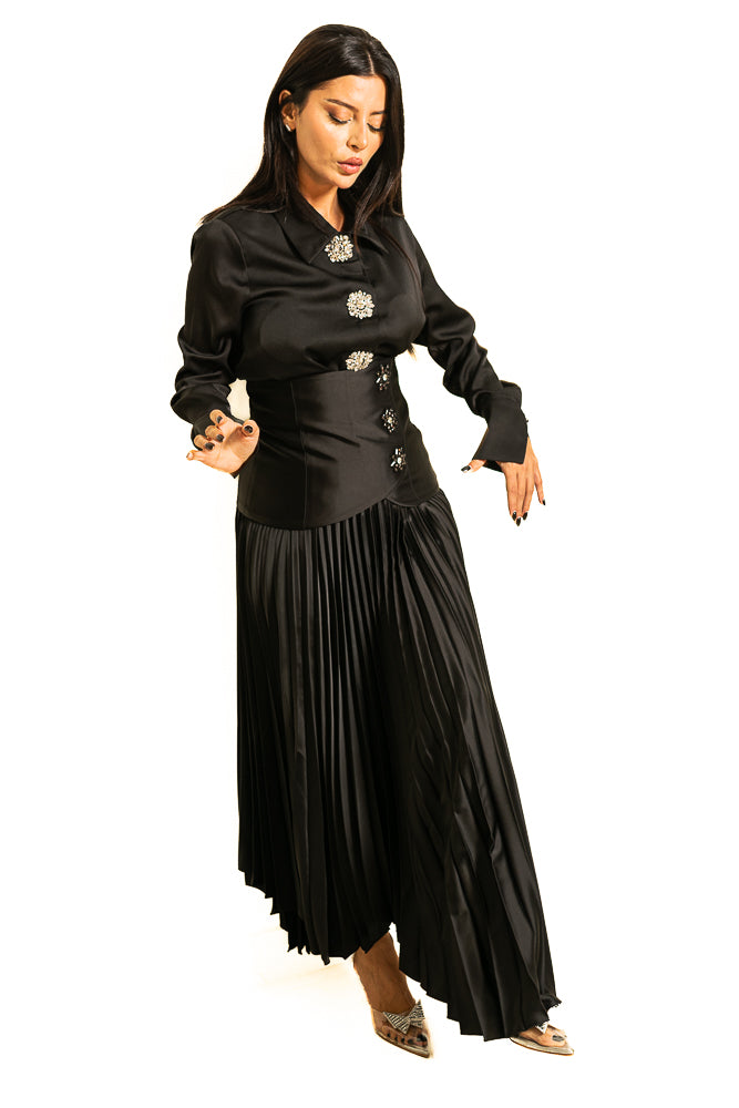 Black Blouse with Shiny Buttons and Pleated Skirt by The Embroidered Corner