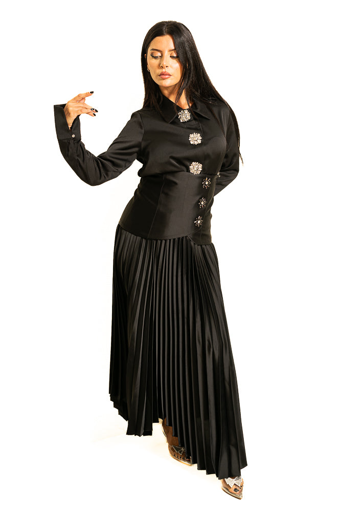 Black Blouse with Shiny Buttons and Pleated Skirt by The Embroidered Corner