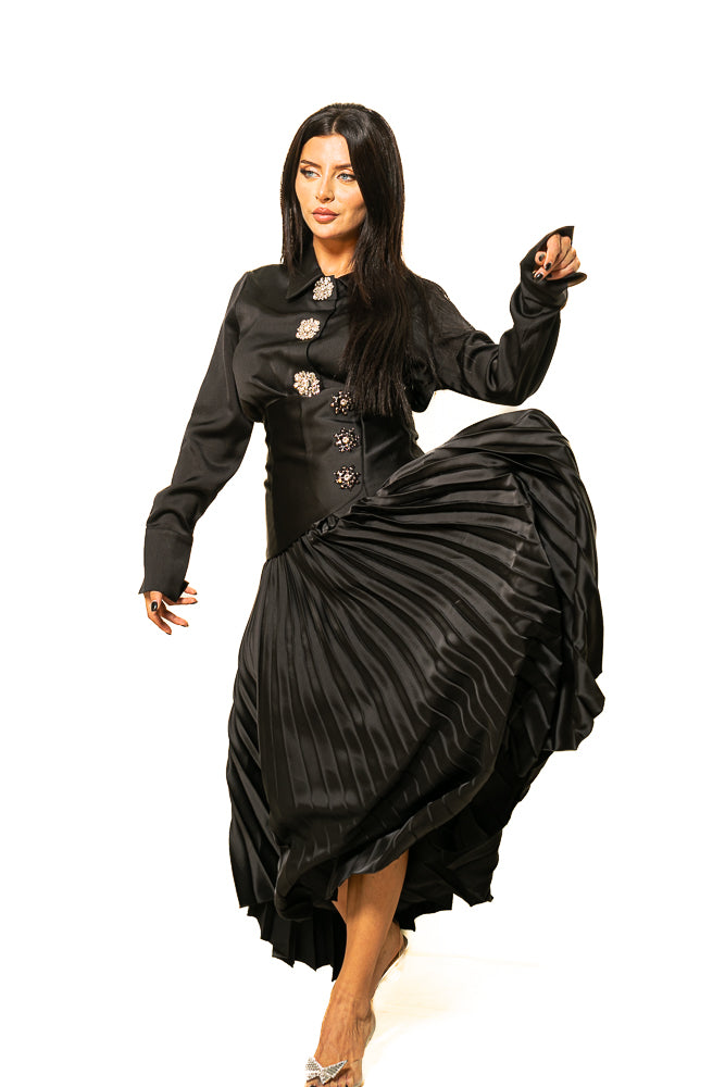 Black Blouse with Shiny Buttons and Pleated Skirt by The Embroidered Corner