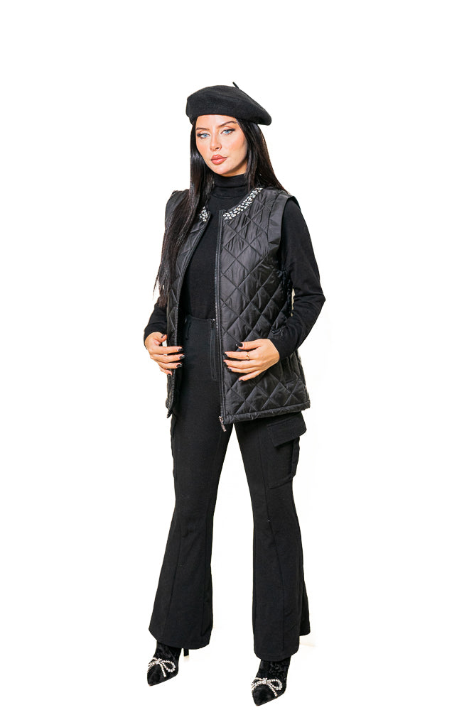 Black Vest Jacket with Crystal Collar by The Embroidered Corner