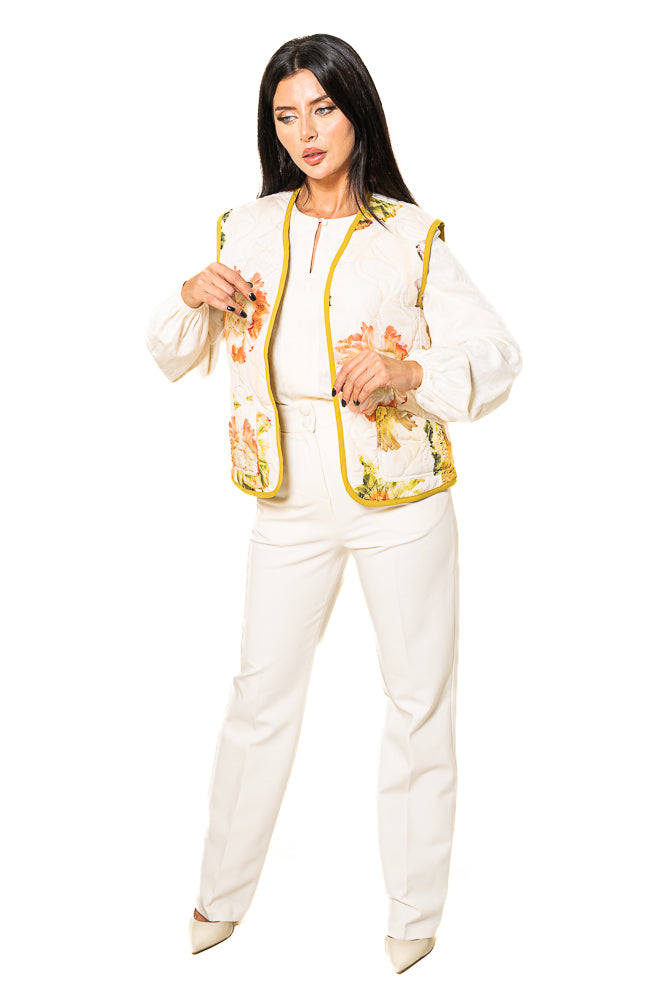 Beige Three-Piece Set of Floral Vest, Blouse and High-Waisted Pants by The Embroidered Corner