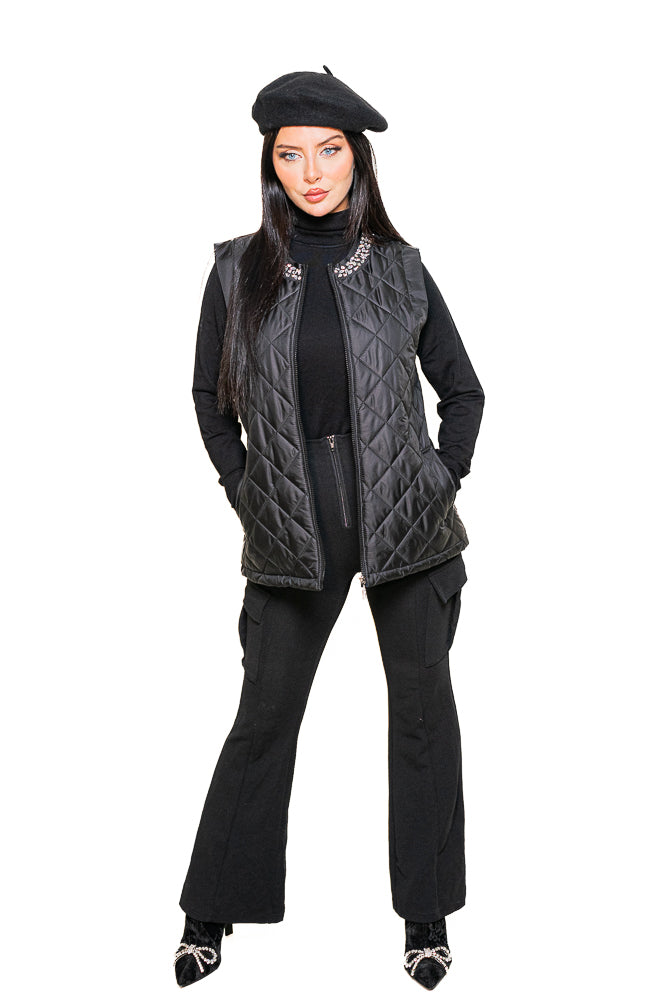 Black Vest Jacket with Crystal Collar by The Embroidered Corner