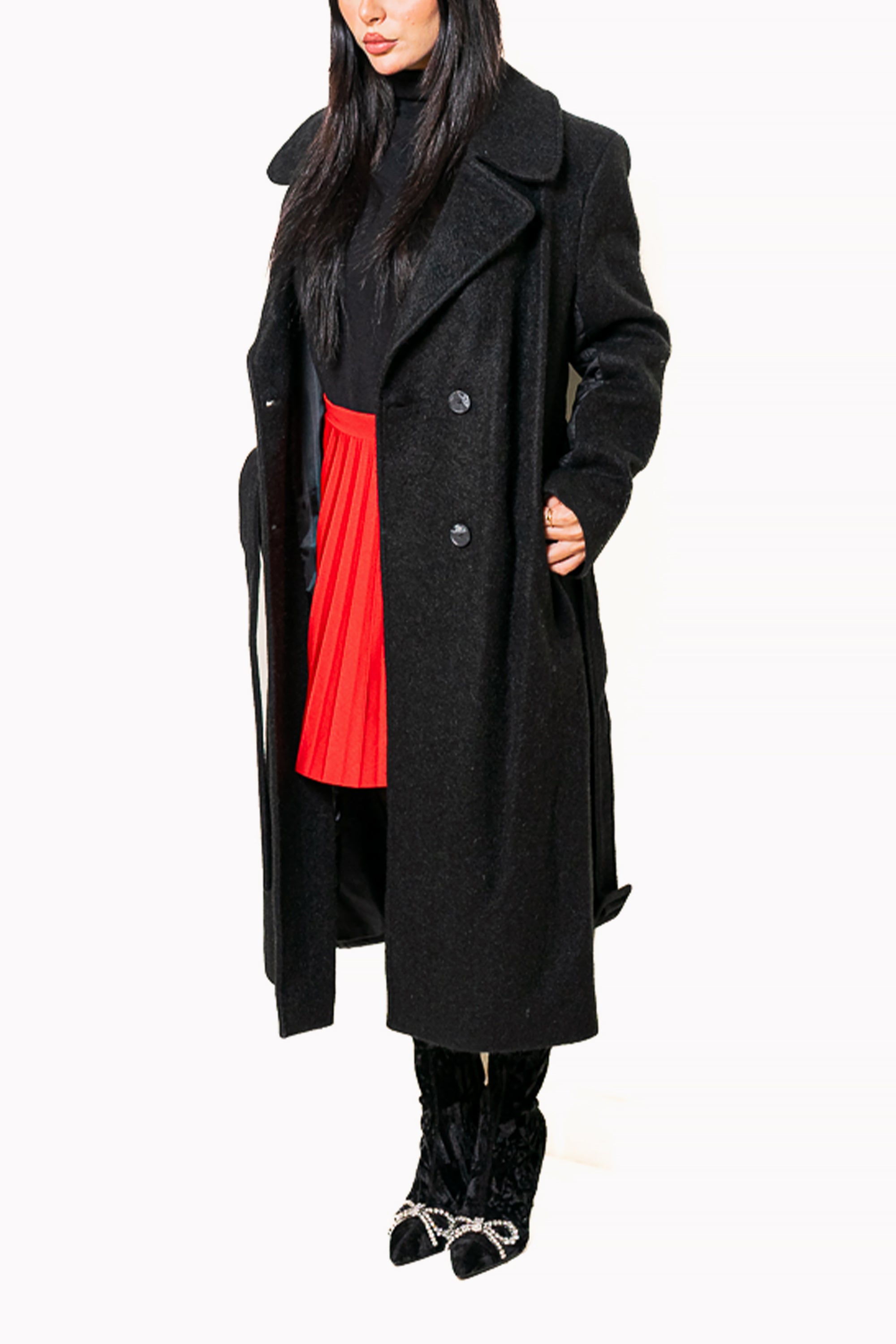 Black Midi Coat with Waist Tie by The Embroidered Corner