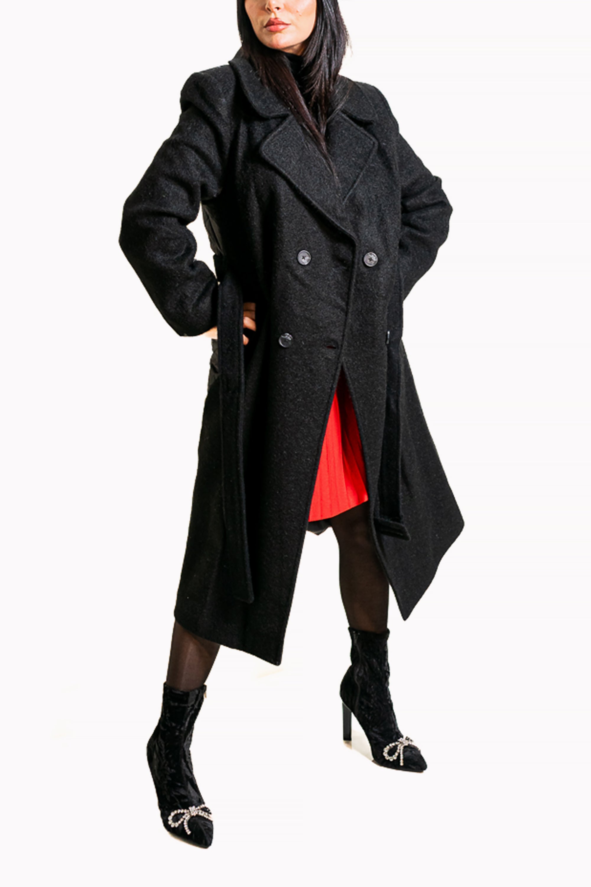 Black Midi Coat with Waist Tie by The Embroidered Corner