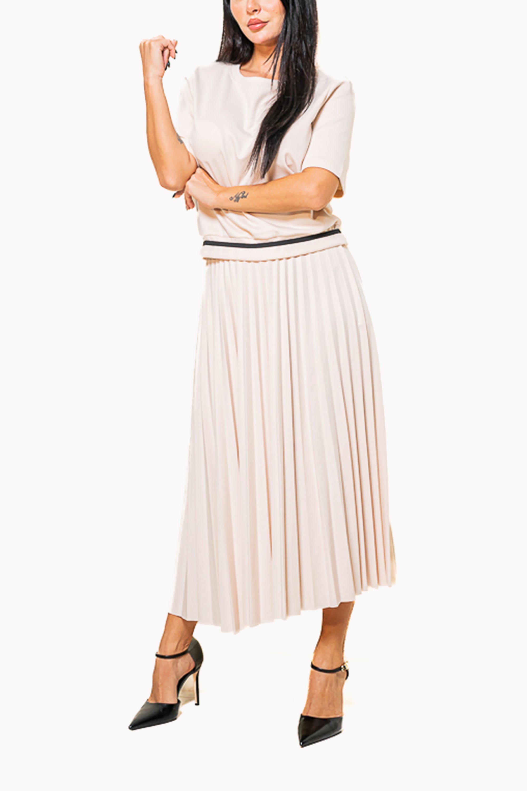 Beige Two-Piece Set of T-Shirt with Trim and Midi Skirt by The Embroidered Corner