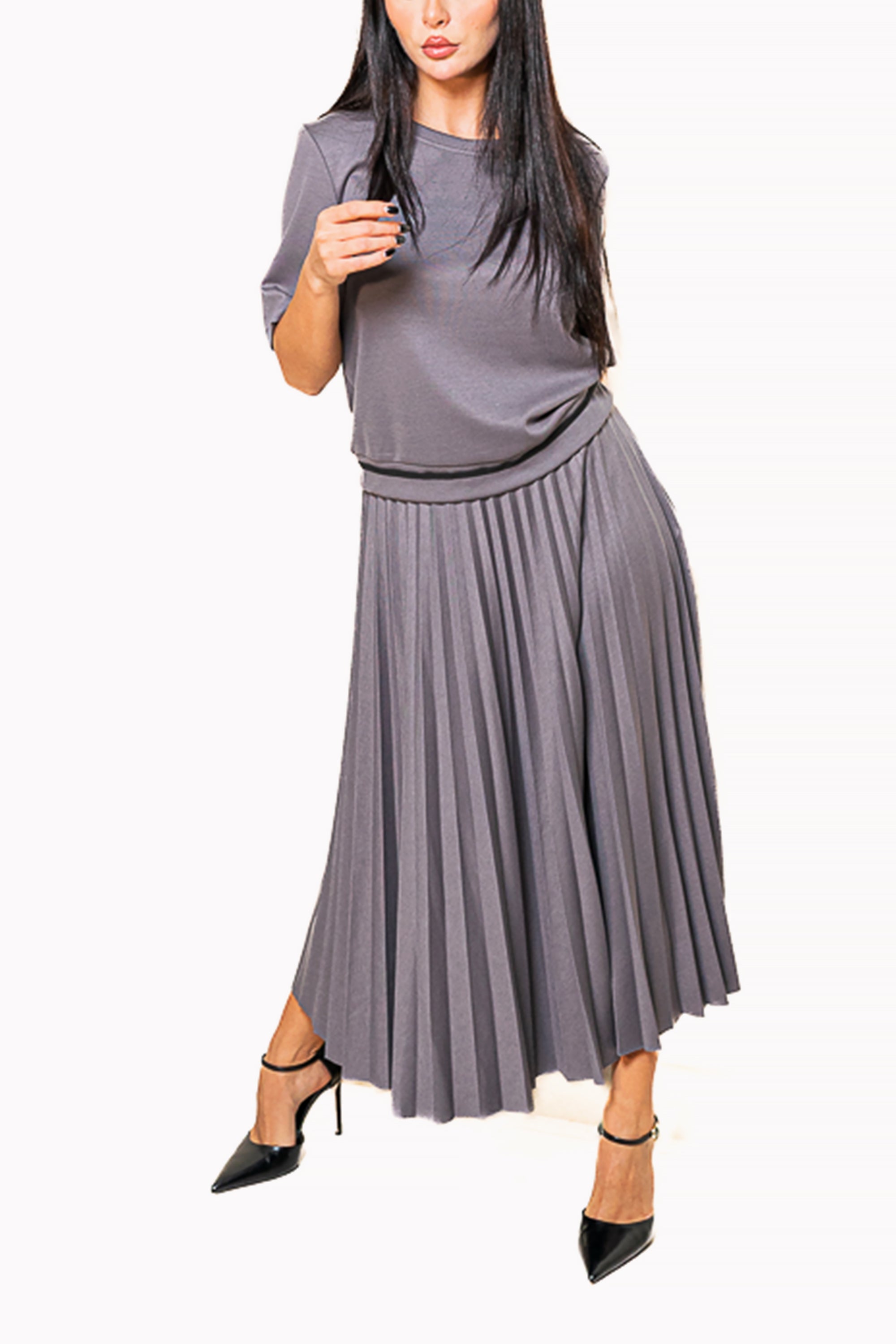 Grey Two-Piece Set of T-Shirt with Trim and Midi Skirt by The Embroidered Corner