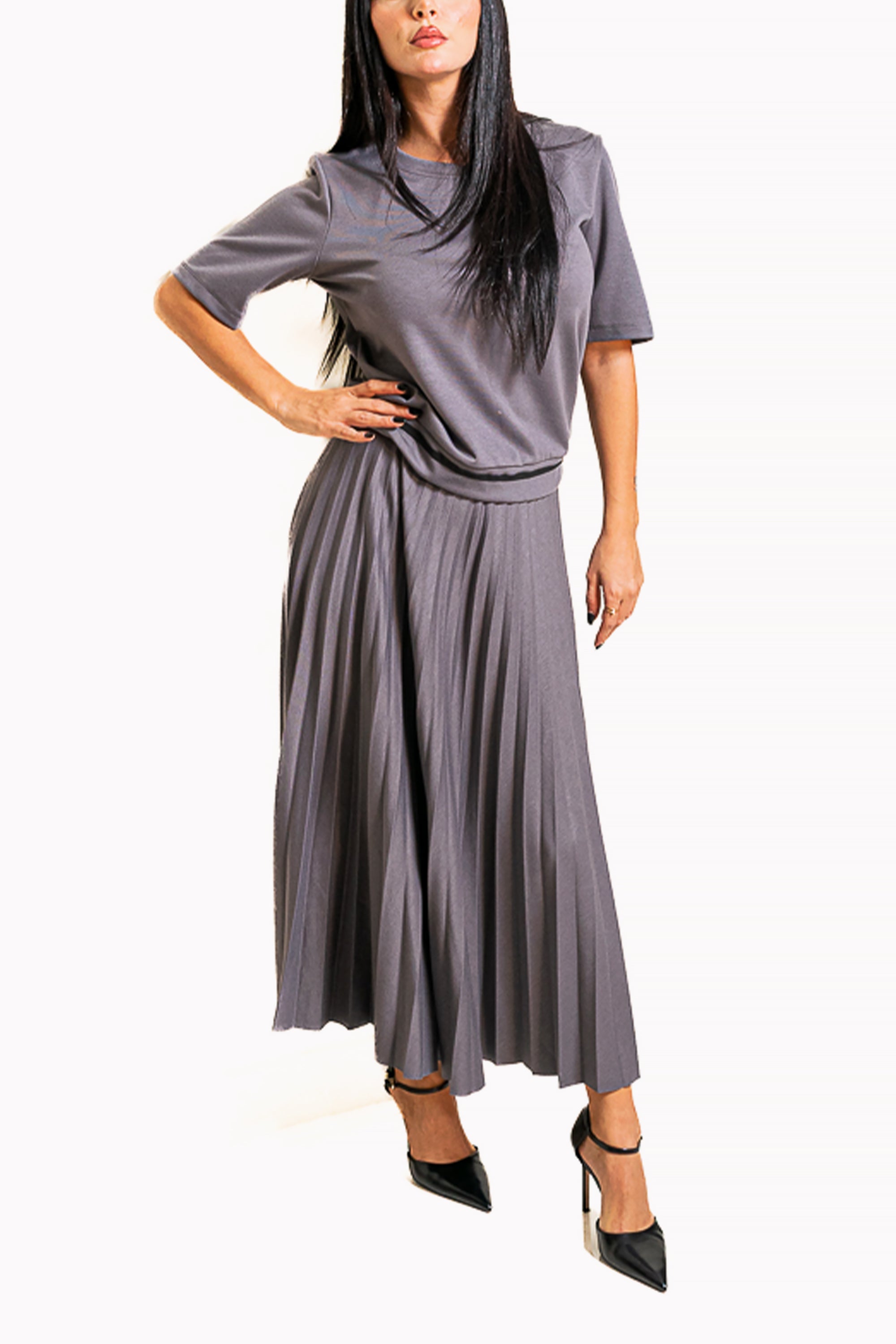 Grey Two-Piece Set of T-Shirt with Trim and Midi Skirt by The Embroidered Corner