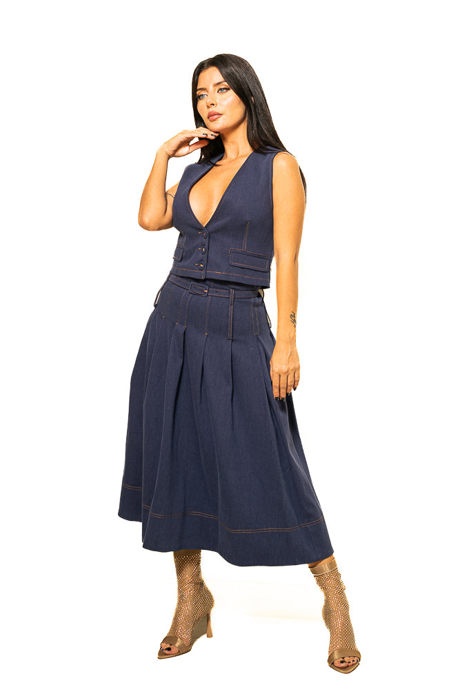 Blue Two-Piece Set of Denim Vest Midi Pleated Skirt by The Embroidered Corner