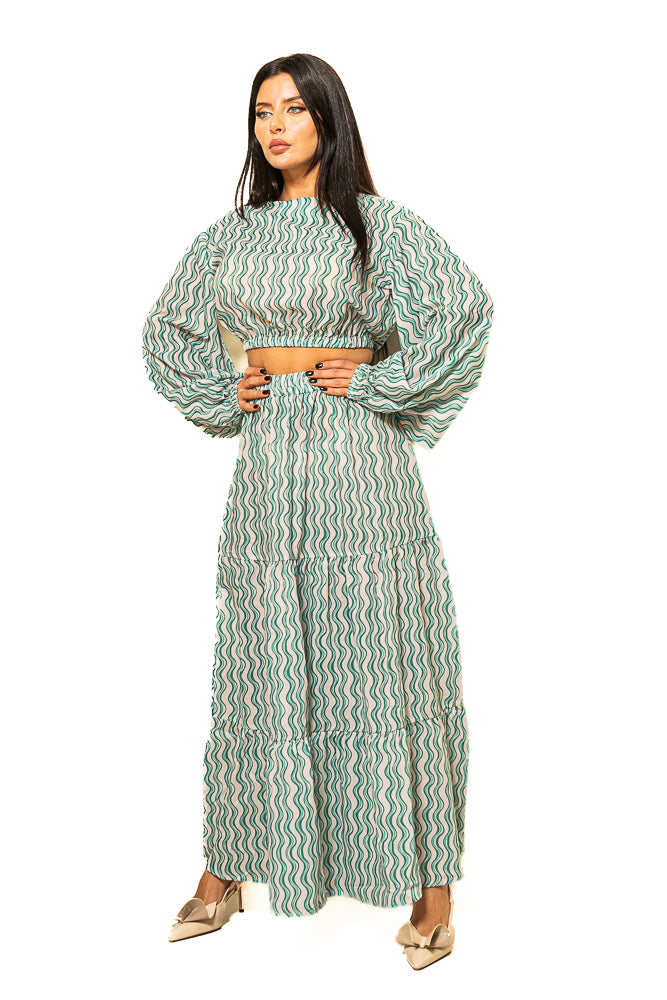 Green Two-Piece Set of Wavy Striped Blouse and Skirt by The Embroidered Corner