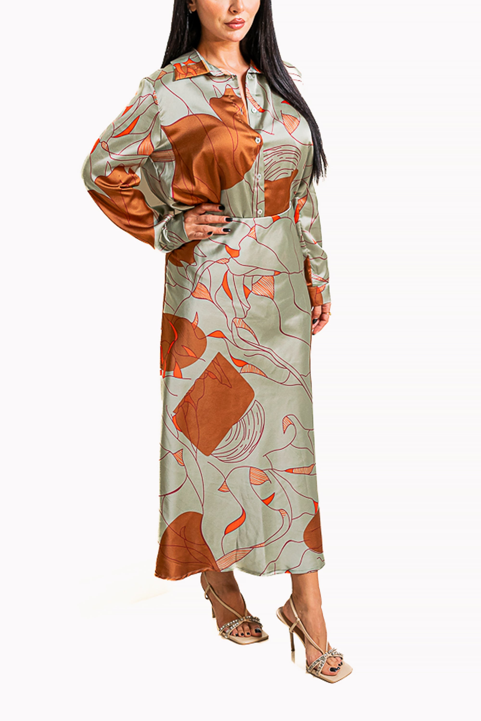 Multicolor Two-Piece Set of Satin Shirt and Skirt by The Embroidered Corner