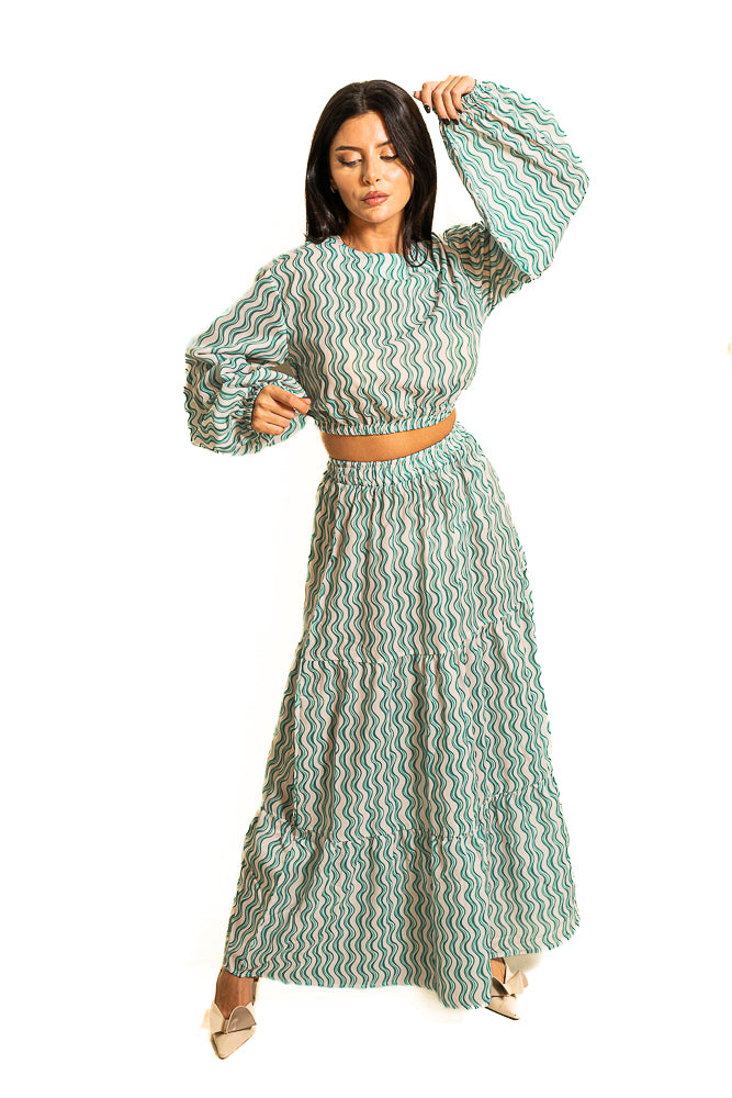 Green Two-Piece Set of Wavy Striped Blouse and Skirt by The Embroidered Corner