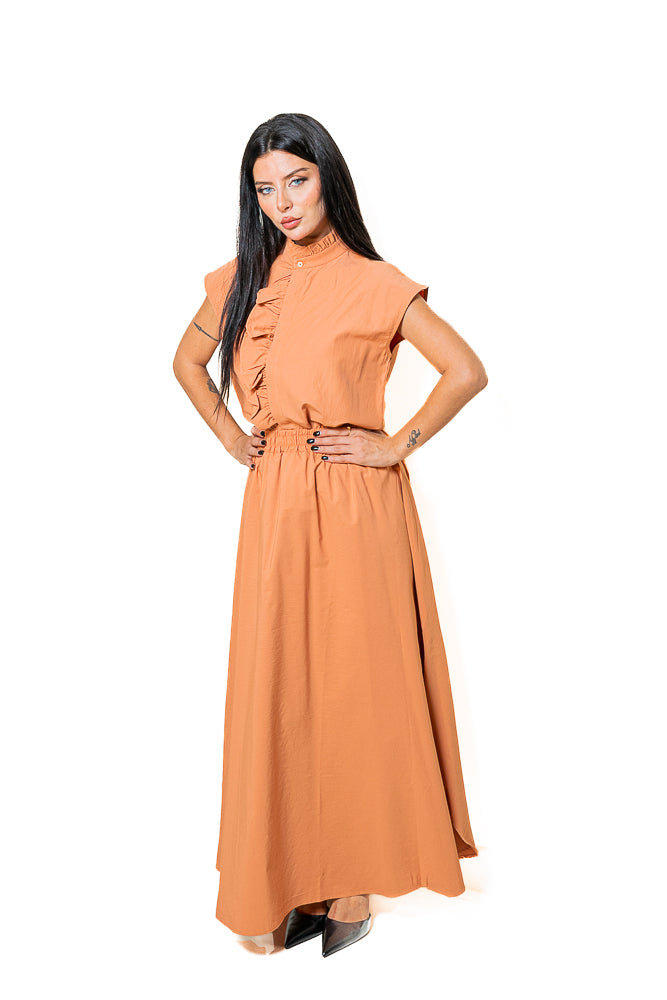 Orange Two-Piece Set of Ruffled Shirt and Slit Skirt by The Embroidered Corner