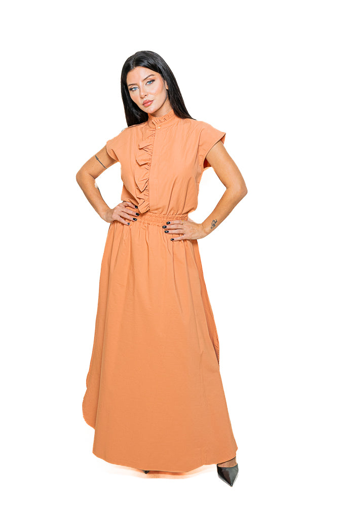 Orange Two-Piece Set of Ruffled Shirt and Slit Skirt by The Embroidered Corner